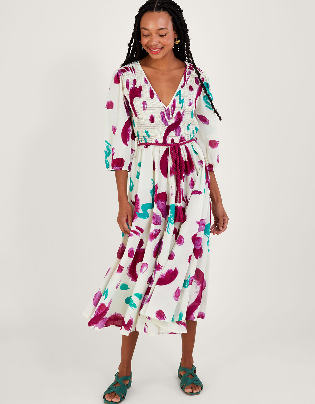 Abstract Brushstroke Print Shirred Midi Dress in Sustainable