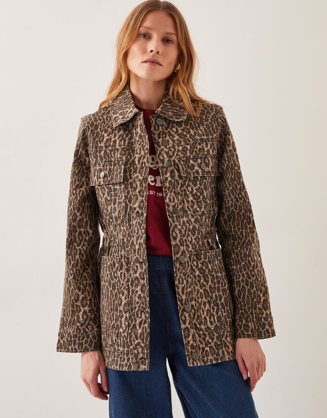 Annie Leopard Print Denim Jacket, Brown (BROWN), large