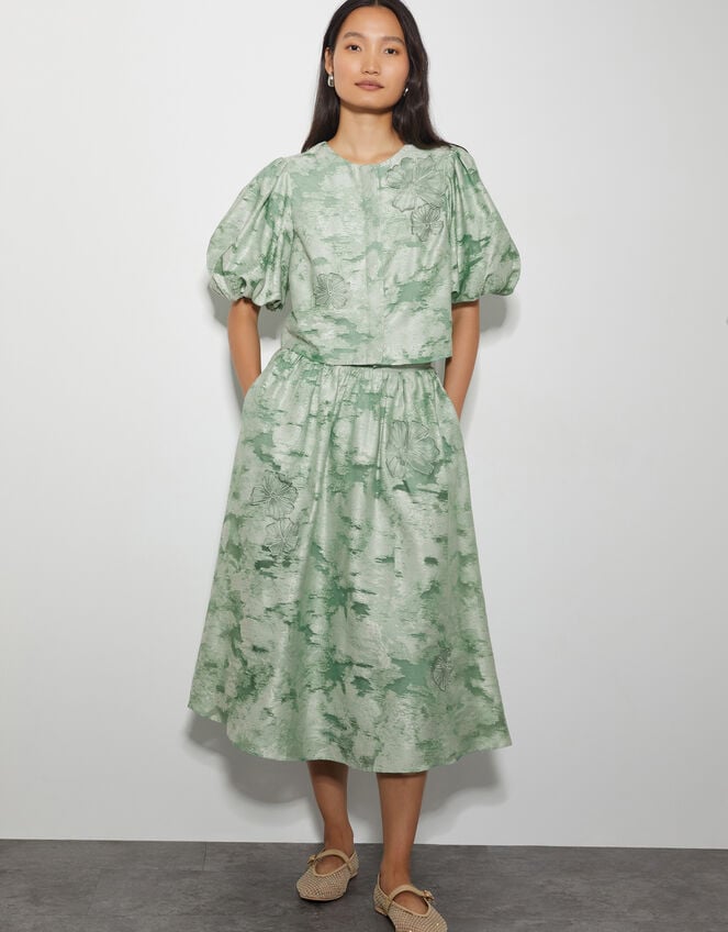 Josie Floral Jacquard Midi Skirt, Green (SAGE), large