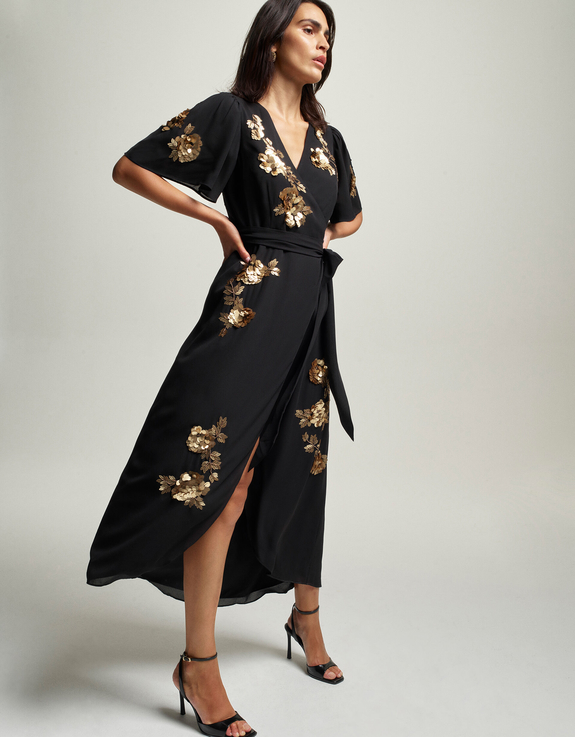 Sequin midi wrap dress discount