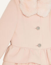 Triple Frill Coat with Faux Fur Collar, Pink (PALE PINK), large