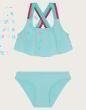 Cross Strap Frilly Bikini Set, Blue (TURQUOISE), large