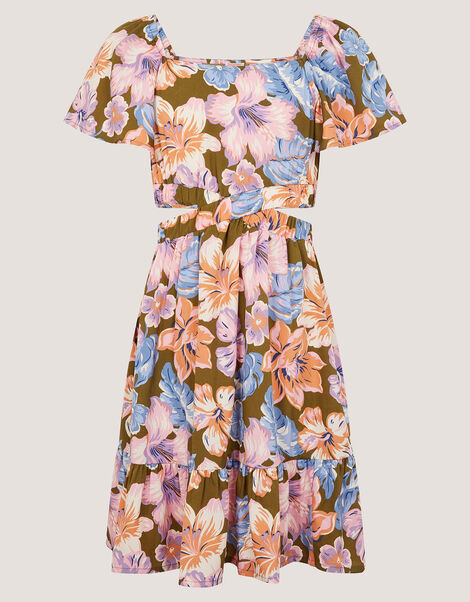 Floral Short Sleeve Cut Out Dress, Green (KHAKI), large