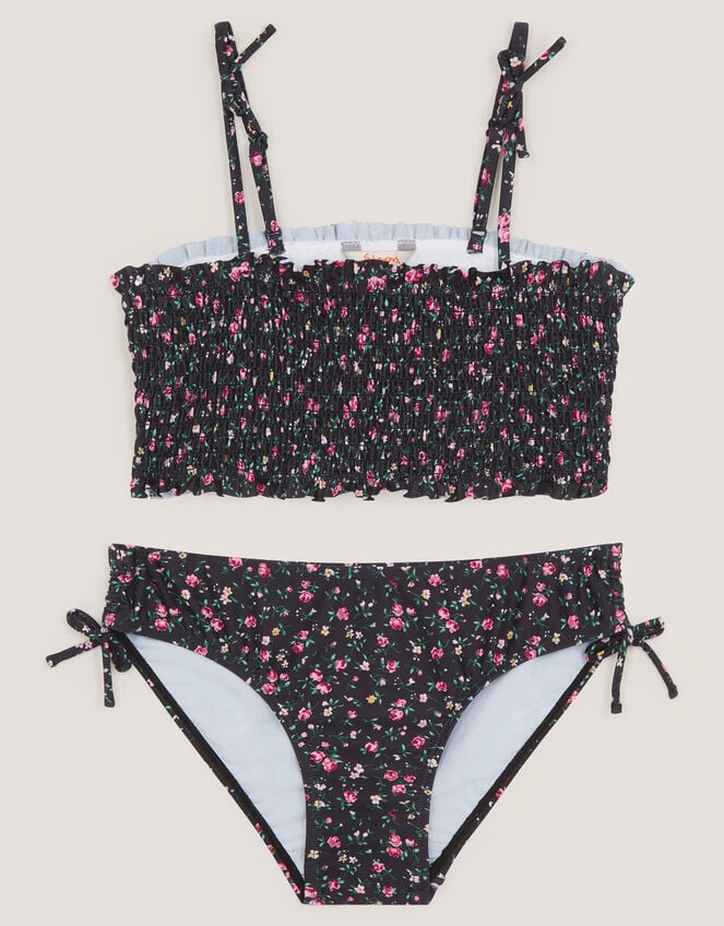 Ditsy Floral Smocked Bikini Set, Black (BLACK), large