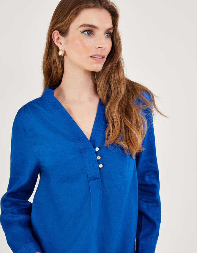 India Overhead Nehru Collar Shirt in Linen Blend, Blue (COBALT), large