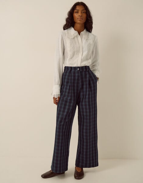 Fern High Waisted Check Wide Leg Trousers, Blue (BLUE), large