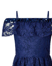 Lucy Navy Lace and Sequin Bardot Dress, Blue (NAVY), large