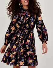 Floral Print Belted Jersey Dress, Black (BLACK), large