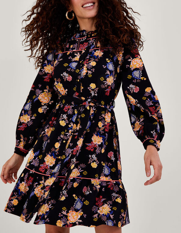 Floral Print Belted Jersey Dress Black, Black (BLACK), large