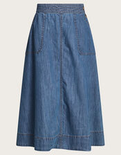 Pull On Denim Midi Skirt in Sustainable Cotton, Blue (DENIM BLUE), large