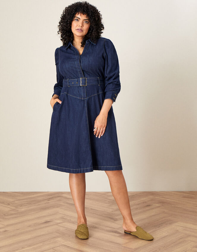 Denim Collared Midi Dress, Blue (DENIM BLUE), large