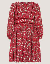 Long Sleeve Ditsy Floral Dress, Red (RED), large