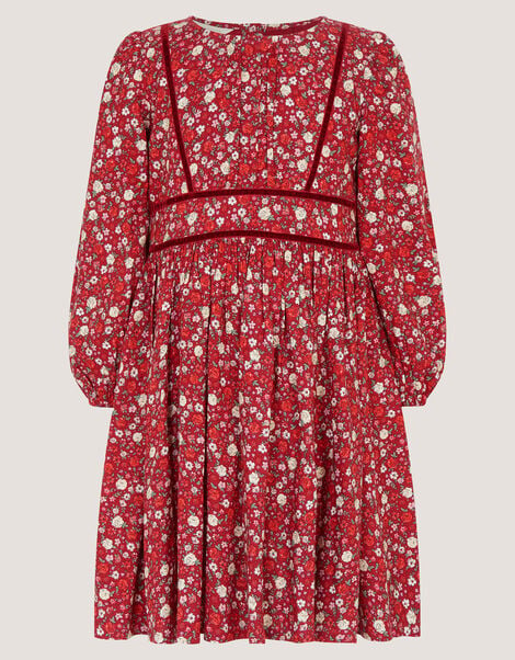 Long Sleeve Ditsy Floral Dress, Red (RED), large