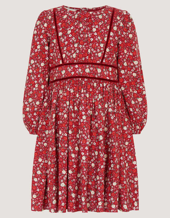 Long Sleeve Ditsy Floral Dress, Red (RED), large