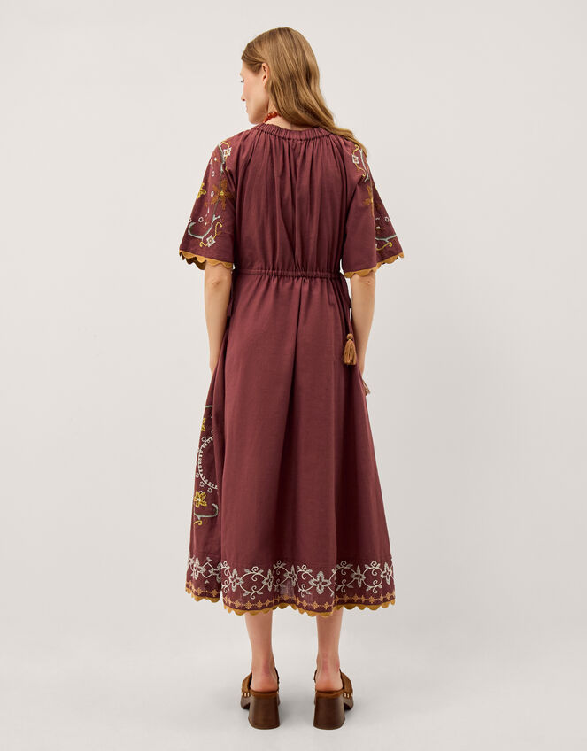 Greta Short Sleeve Embroidered Midi Dress, Brown (BROWN), large