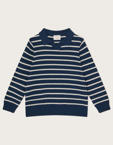 Stripe Knit Polo Jumper, Blue (NAVY), large