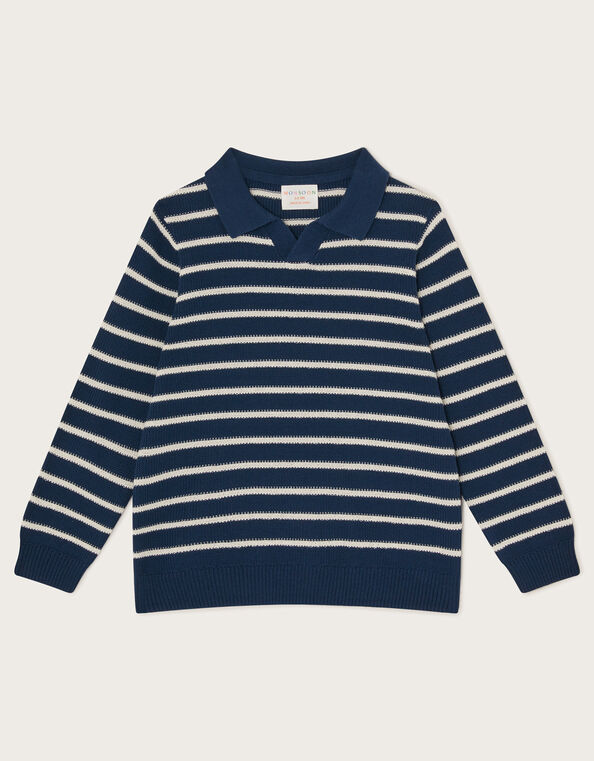 Stripe Knit Polo Sweater, Blue (NAVY), large
