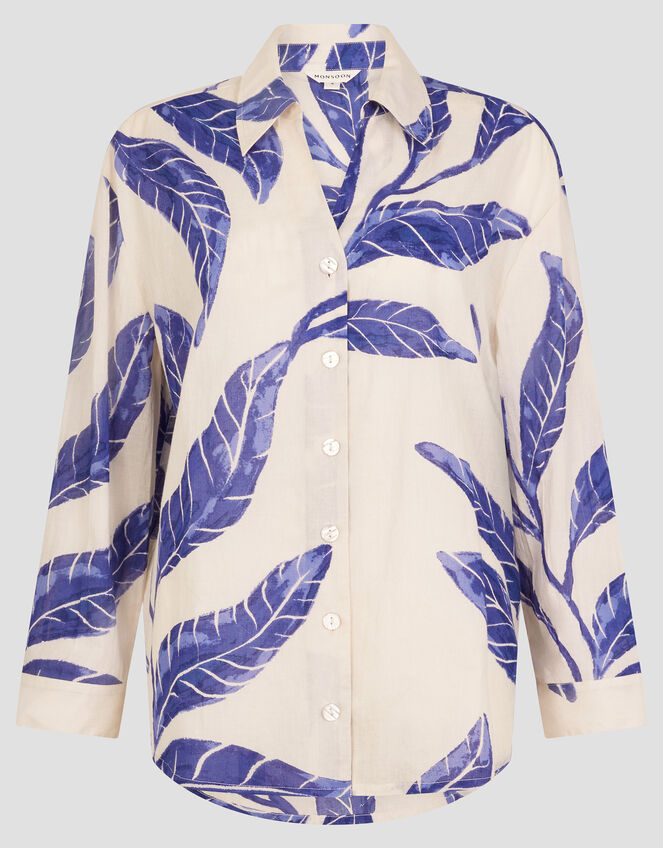 Dinah Palm Print Cotton Shirt, Blue (BLUE), large
