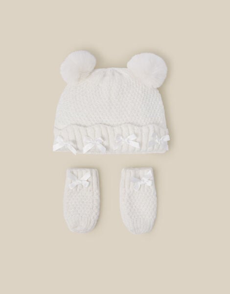 Baby Knitted Hat & Mittens Set, Ivory (IVORY), large