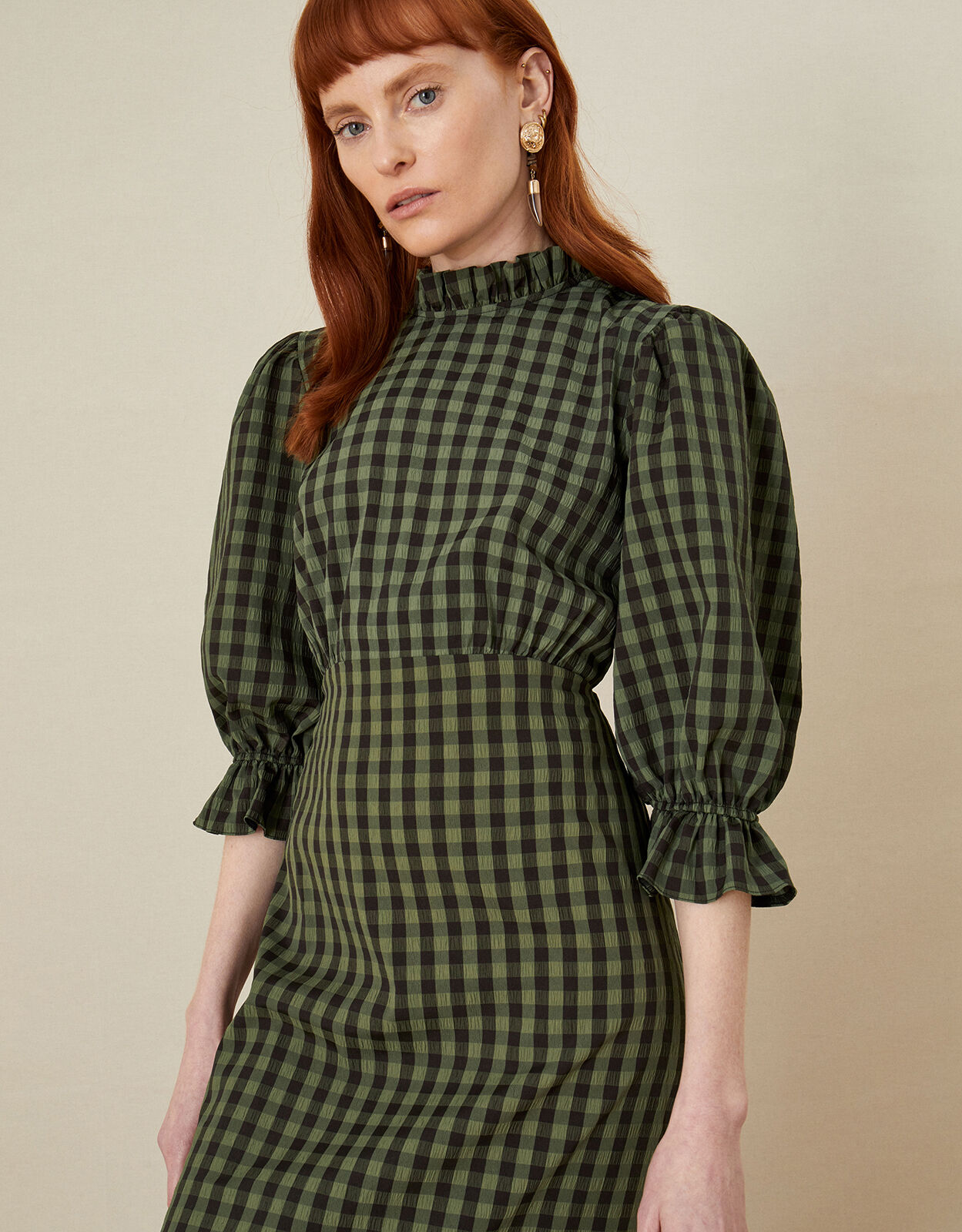 Check Tier Hem Midi Dress Green