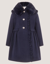 Faux Fur Collar Frill Coat, Blue (NAVY), large