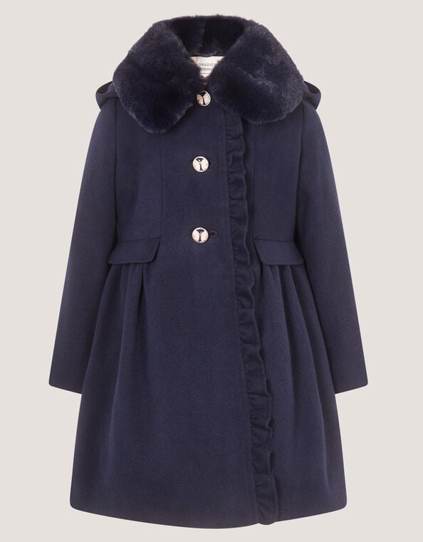 Faux Fur Collar Frill Coat, Blue (NAVY), large