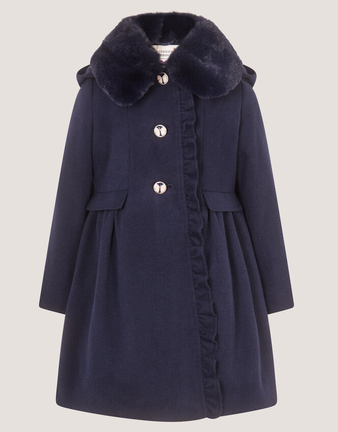 Faux Fur Collar Frill Coat, Blue (NAVY), large