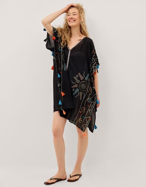 Pelia Embroidered Tassel Mini Kaftan, Black (BLACK), large