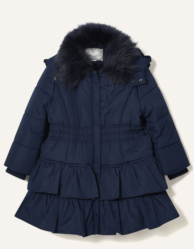 Shirred Ruffle Padded Coat, Blue (NAVY), large