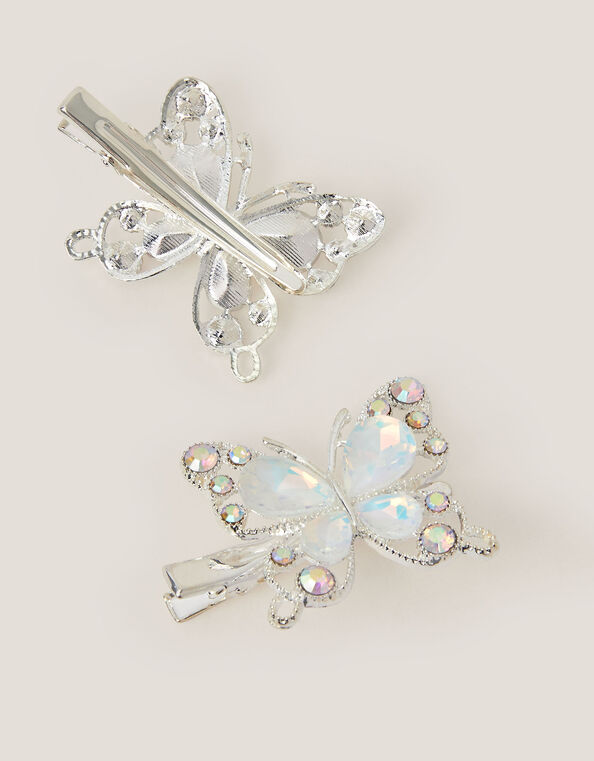 2-Pack Gemstone Butterfly Hair Clips, Silver (SILVER), large