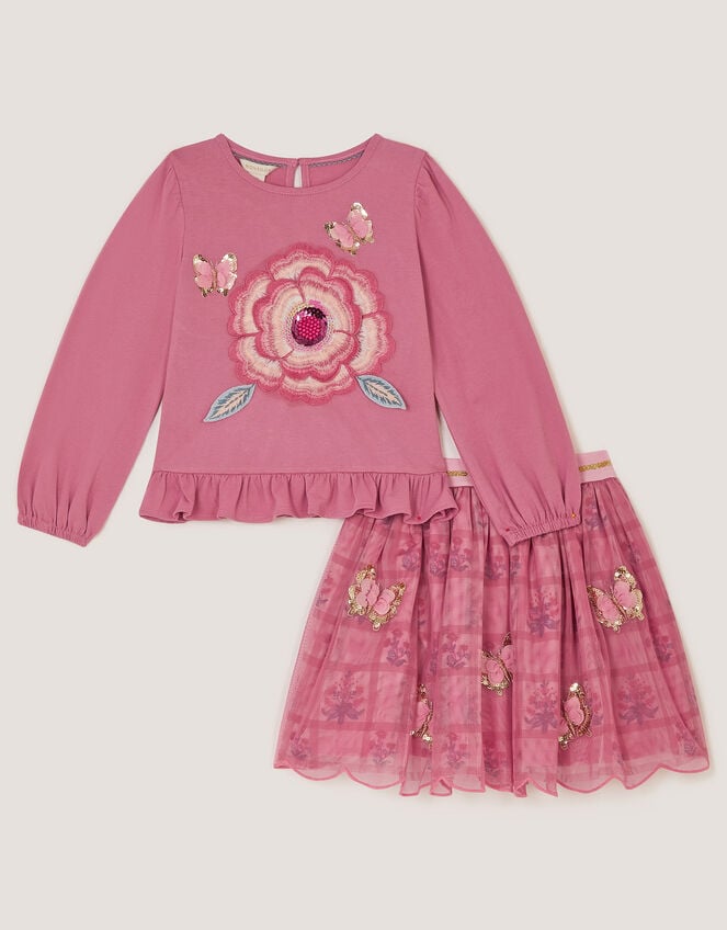 Sequin Butterfly Long Sleeve Top & Disco Skirt Set, Pink (PINK), large