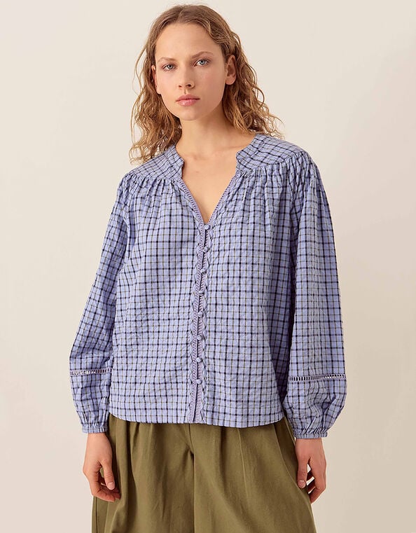 East Lilia Check Cotton Blouse, Blue (BLUE), large