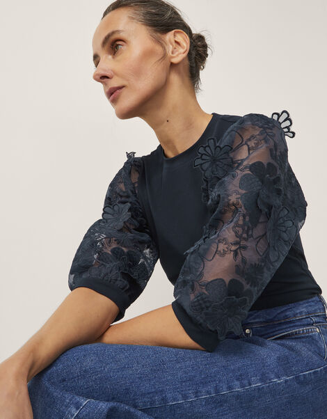 Embellished Floral Blouse, Blue (NAVY), large