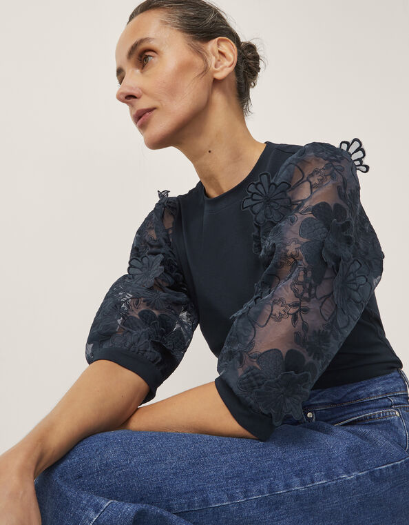 Embellished Floral Blouse, Blue (NAVY), large