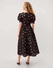 Amara Polka Dot Belted Midi Dress, Black (BLACK), large