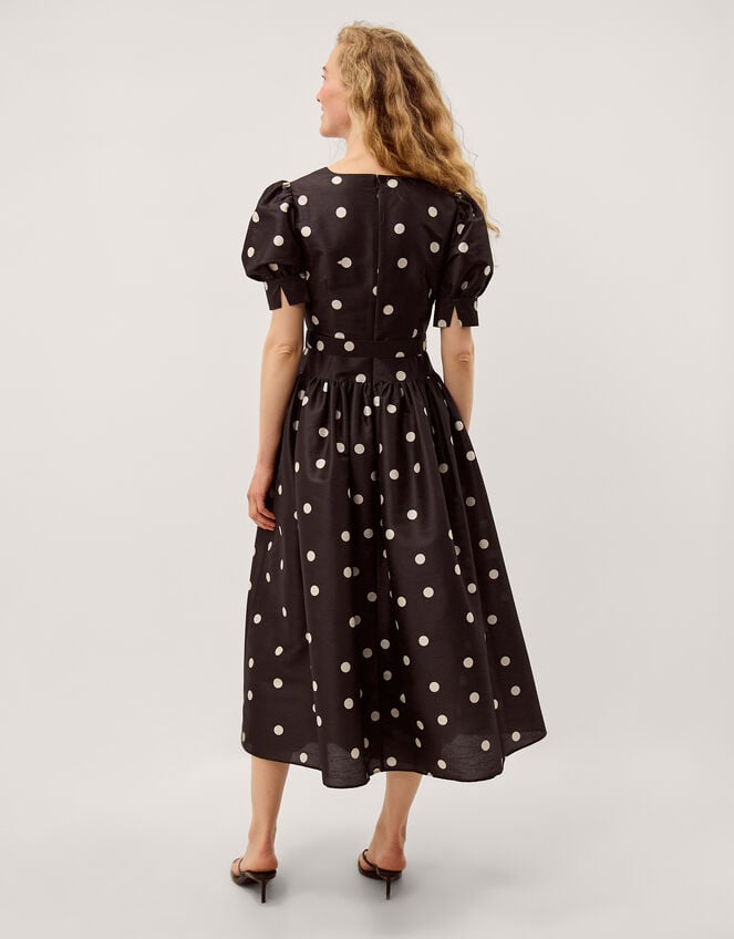 Amara Polka Dot Belted Midi Dress, Black (BLACK), large