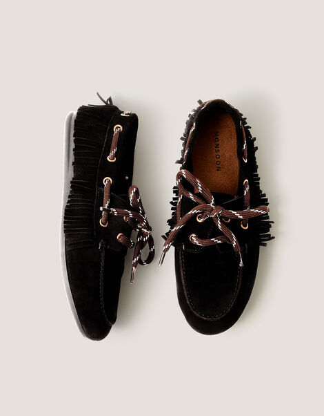 Alba Fringe Suede Moccasin Loafers, Black (BLACK), large