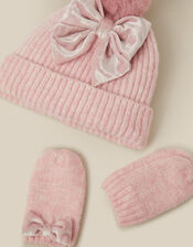 Baby Bow Beanie Hat & Mittens Set, Pink (PINK), large