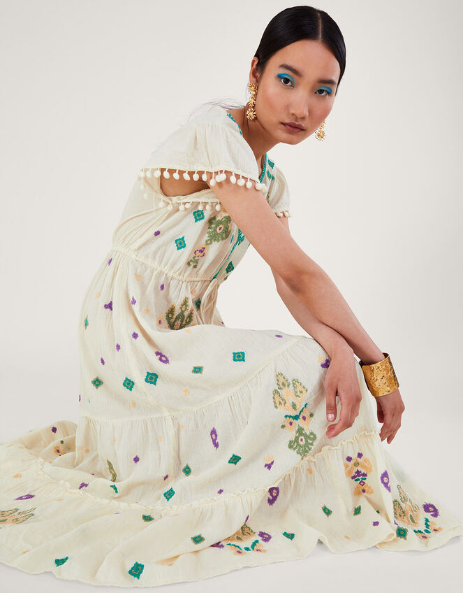 Flutter Sleeve Embroidered Maxi Dress, White (WHITE), large