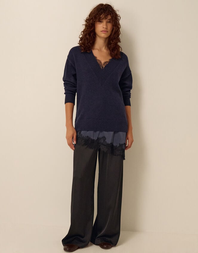 Lilah Lace Trim Sweater, Blue (NAVY), large