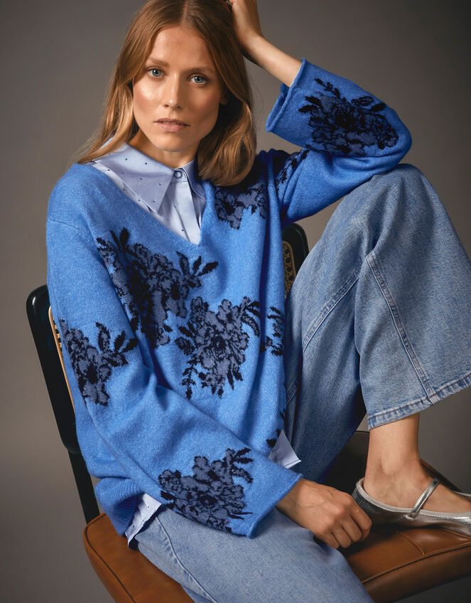 Jess V-Neck Floral Jacquard Sweater, Blue (BLUE), large