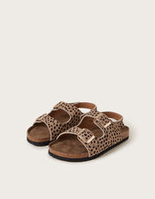 Leopard Print Buckle Sandals, Brown (BROWN), large
