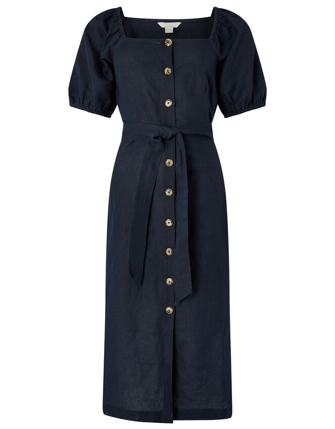 Tina Midi Dress in Linen and Organic Cotton, Blue (NAVY), large