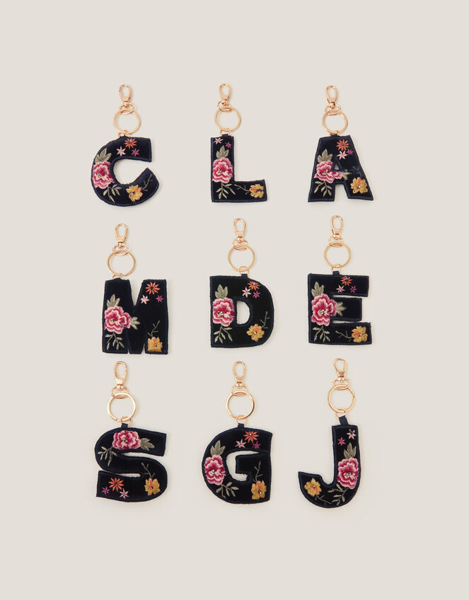 Floral Embroidered Initial Keyring, Black (BLACK), large