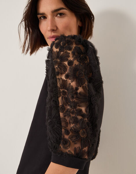 Flavia Sheer Appliqu&eacute; Sleeve Jersey Top, Black (BLACK), large