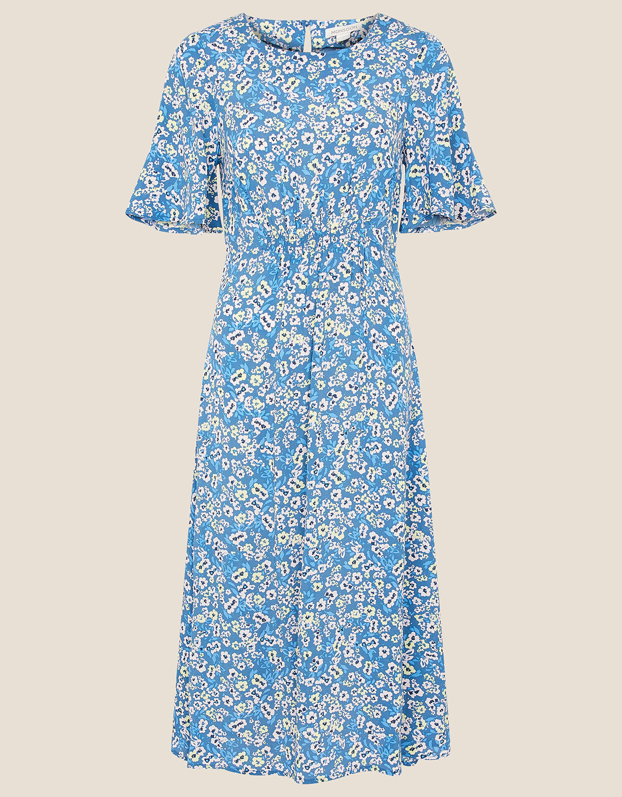 Blue floral print midi dress clearance