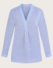 Chambray Neru Collar Linen Shirt, Blue (BLUE), large