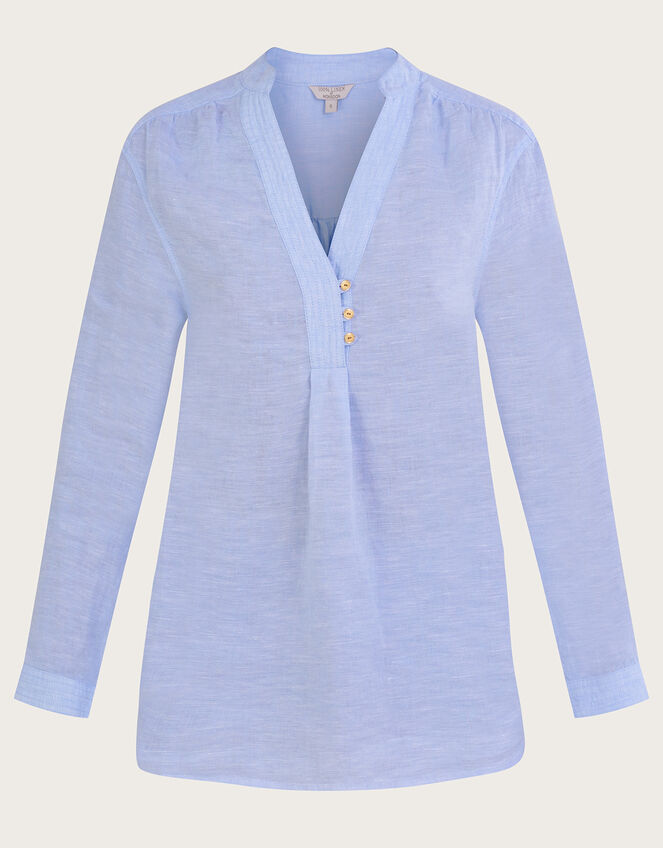Chambray Neru Collar Linen Shirt, Blue (BLUE), large