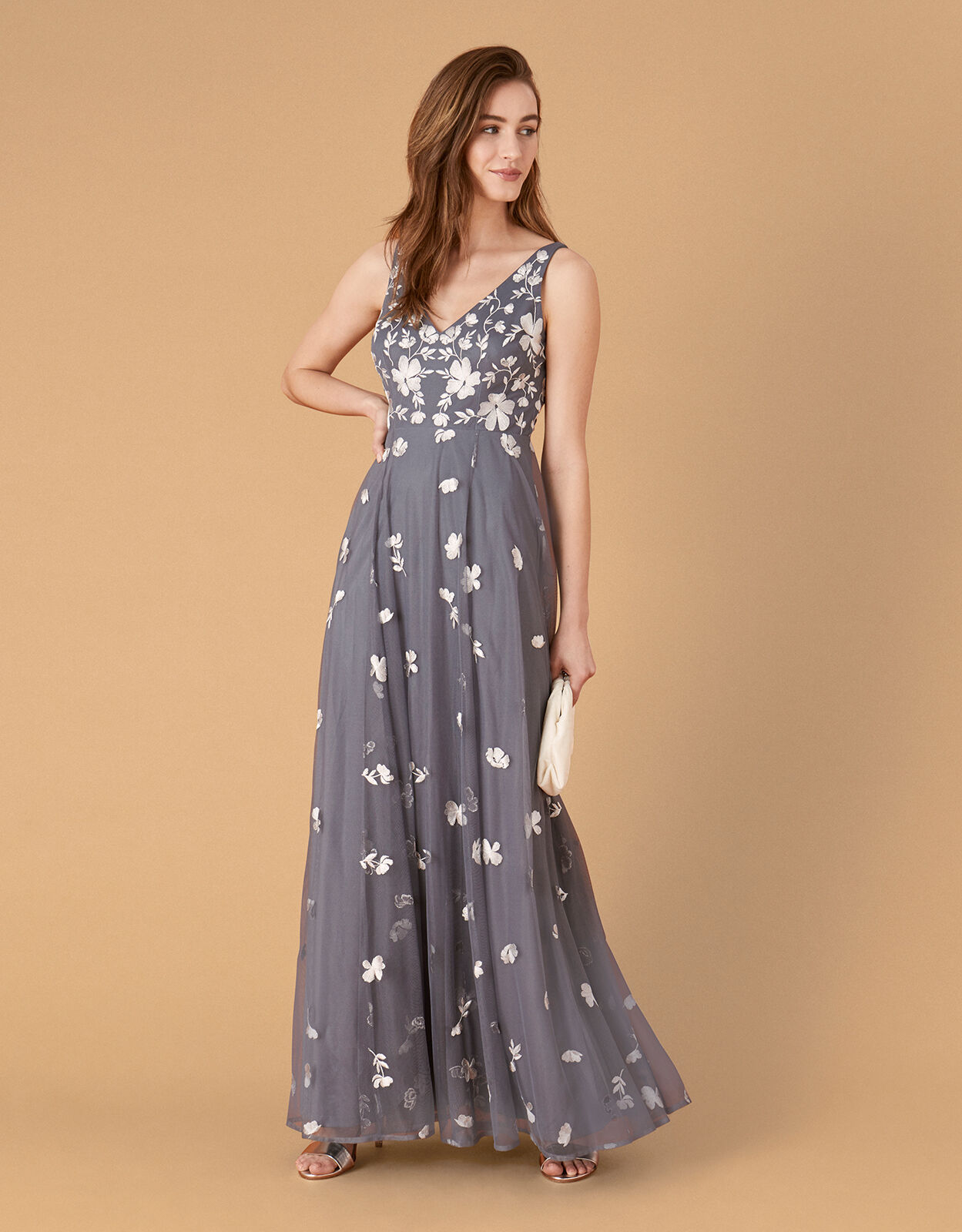 Clemence Embroidered Maxi Dress Grey Evening Dresses Monsoon Global