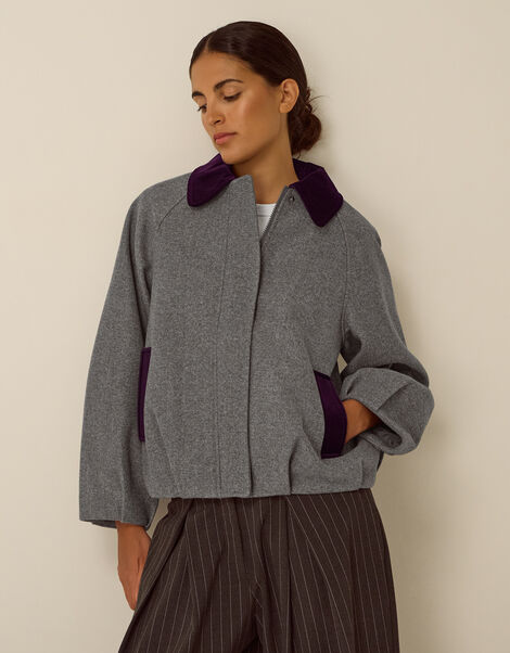 Jess Velvet Trim Bomber Jacket, Grey (DARK GREY), large